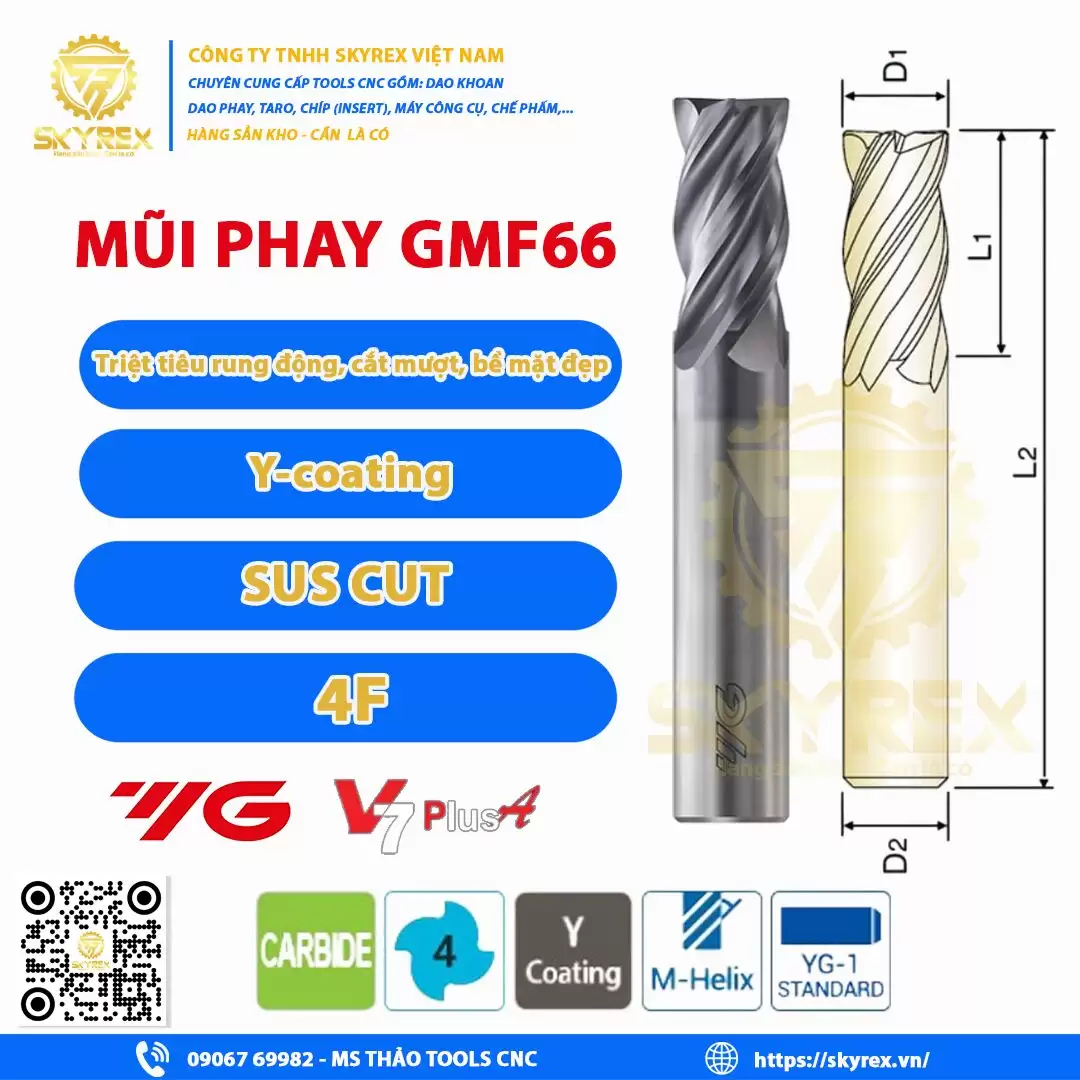 Mũi phay GMF66 – 4 me – YG V7 Plus – Chạy thép, inox