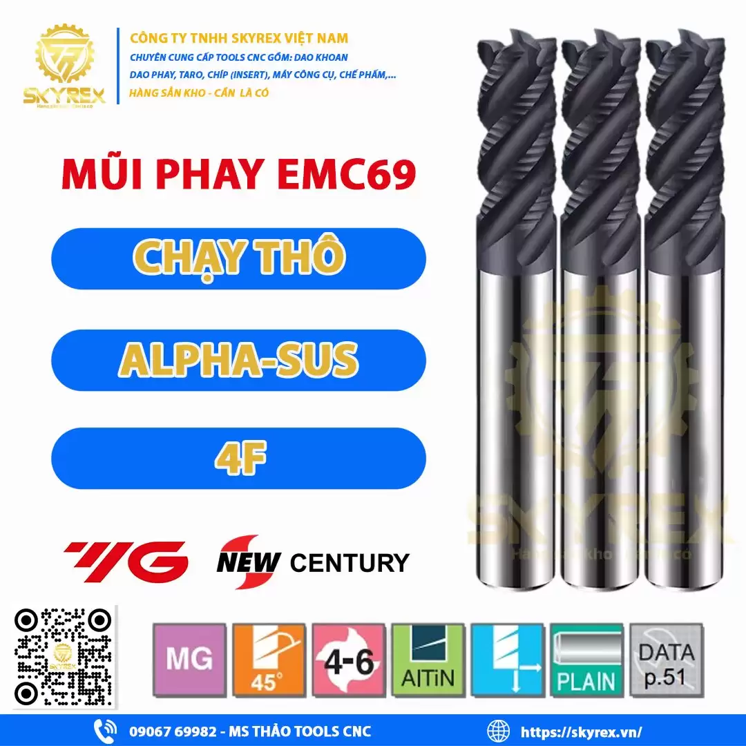 Mũi phay EMC69 – YG-1 New Century – Dao phay ngón 4 me, phủ AlTiN, chuyên chạy thô inox Alpha-SUS | Skyrex