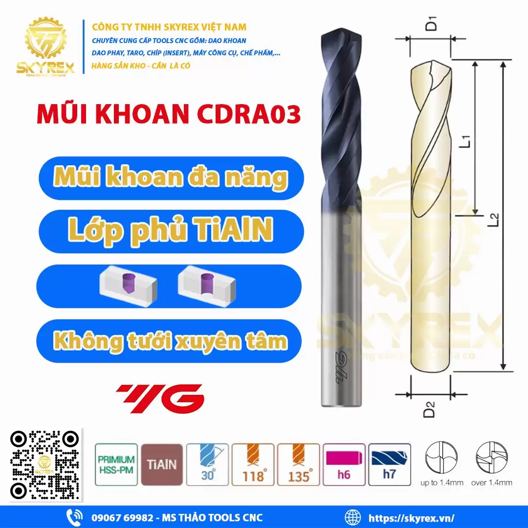 Mũi khoan CDRA Multi-1 Drill Stub TiAlN – Khoan thép, inox, gang, nhôm – Skyrex
