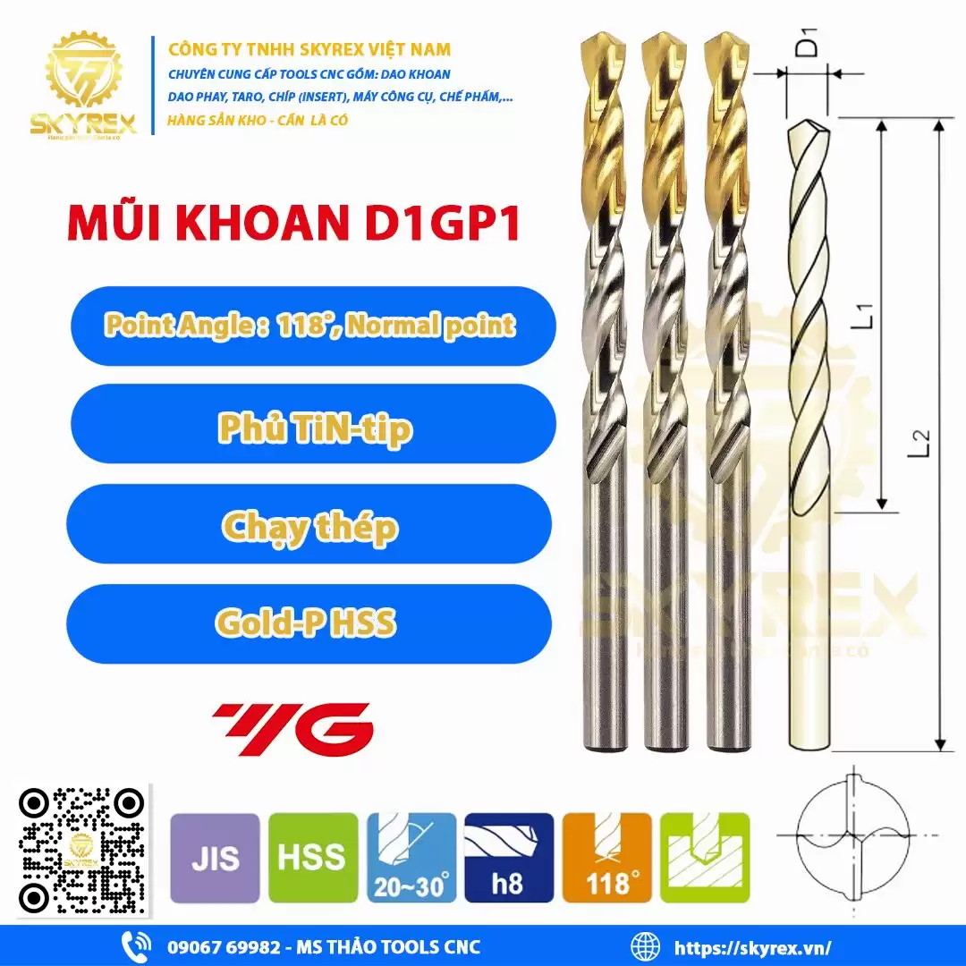 Mũi khoan D1GP1 Gold-P Drill Regular – Phủ TiN-tip, khoan thép, inox, nhôm – Skyrex