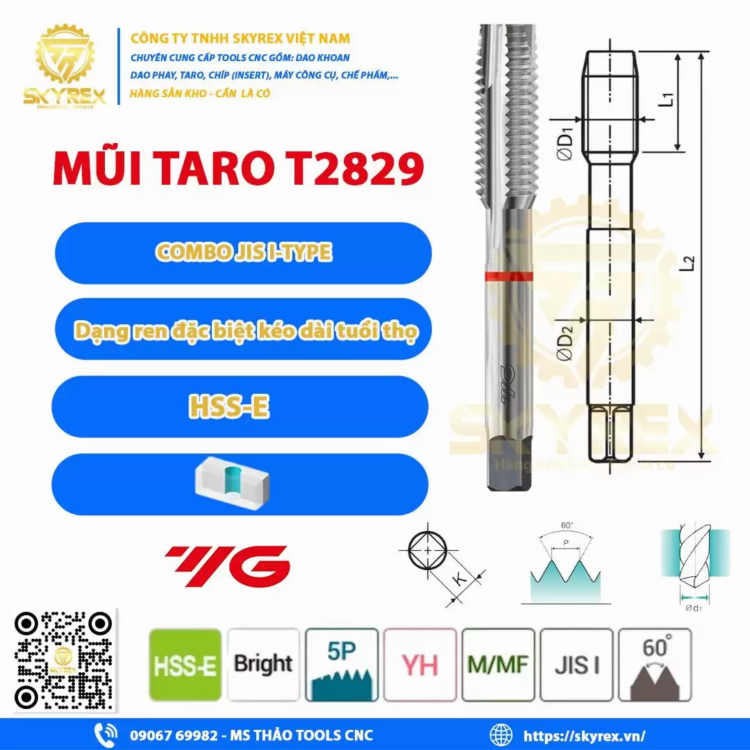 Mũi taro T2829 YG – Mũi taro HSS-E đa năng – Combo JIS I-Type | Skyrex