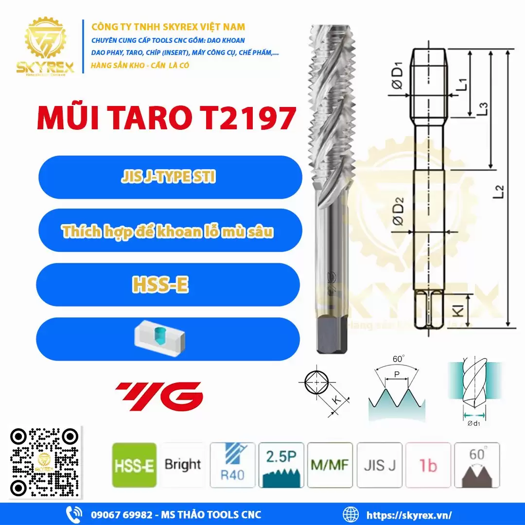 Mũi taro T2197 – YG1 – Mũi taro J-Type STI chuyên lỗ mù sâu HSS-E | Skyrex