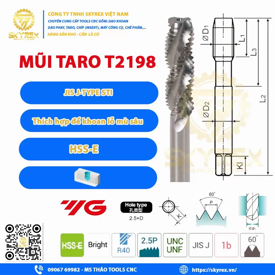 Mũi taro ren cấy 2-56UNC – T2198 YG1 – Taro Helicoil chuẩn JIS STI hệ inch UNC/UNF | Skyrex