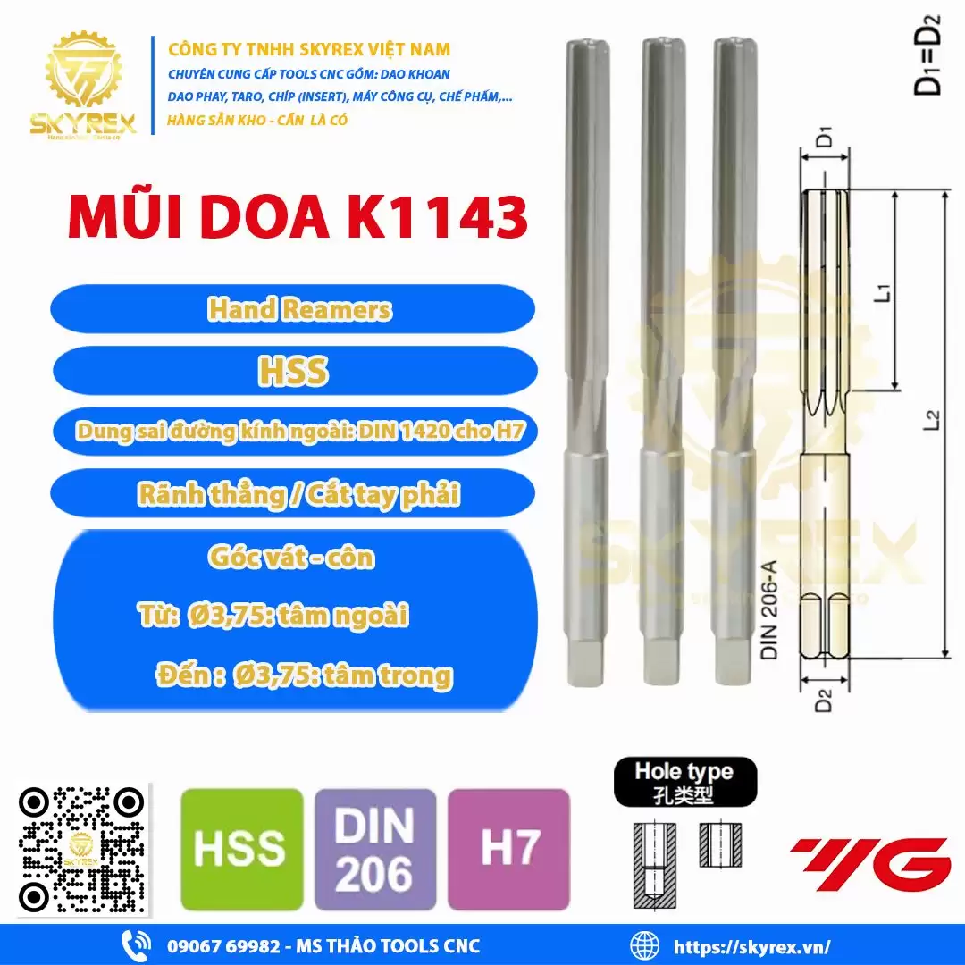 Mũi doa K114300350 – HSS Hand Reamer DIN 1420 H7 – Doa lỗ chính xác | Skyrex