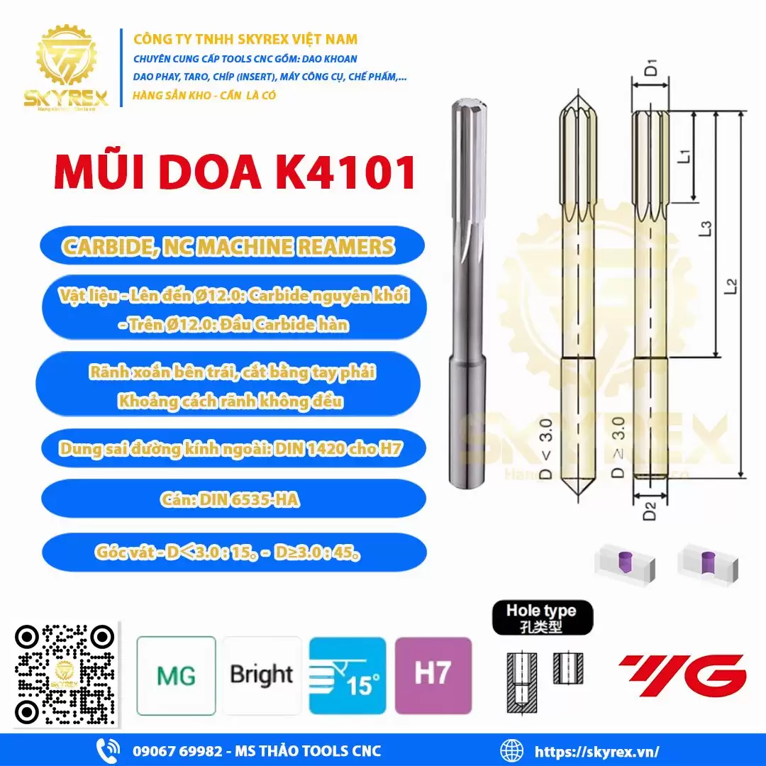Mũi doa K410100250 Carbide NC Machine Reamer – Doa lỗ chính xác H7 – Hợp kim nguyên khối | Skyrex