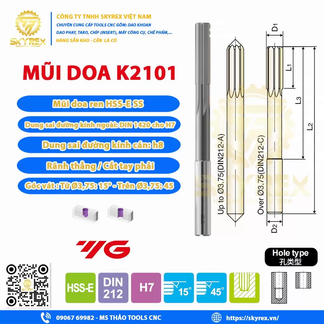 Mũi doa K210100200 HSS-E SS – Chuẩn DIN 1420 H7 – Doa thép chính xác | Skyrex