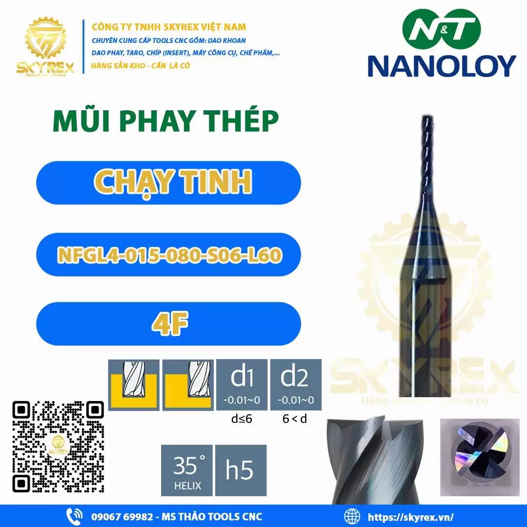 Phay thép D1.5 – NFGL4-015-080-S06-L60 – 4F NANOLOY | Dao carbide phủ
