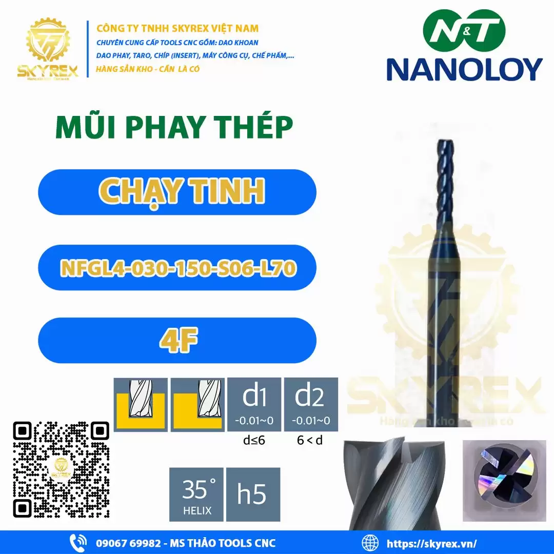 Phay thép D3 – NFGL4-030-150-S06-L70 – 4F NANOLOY | Dao carbide phủ