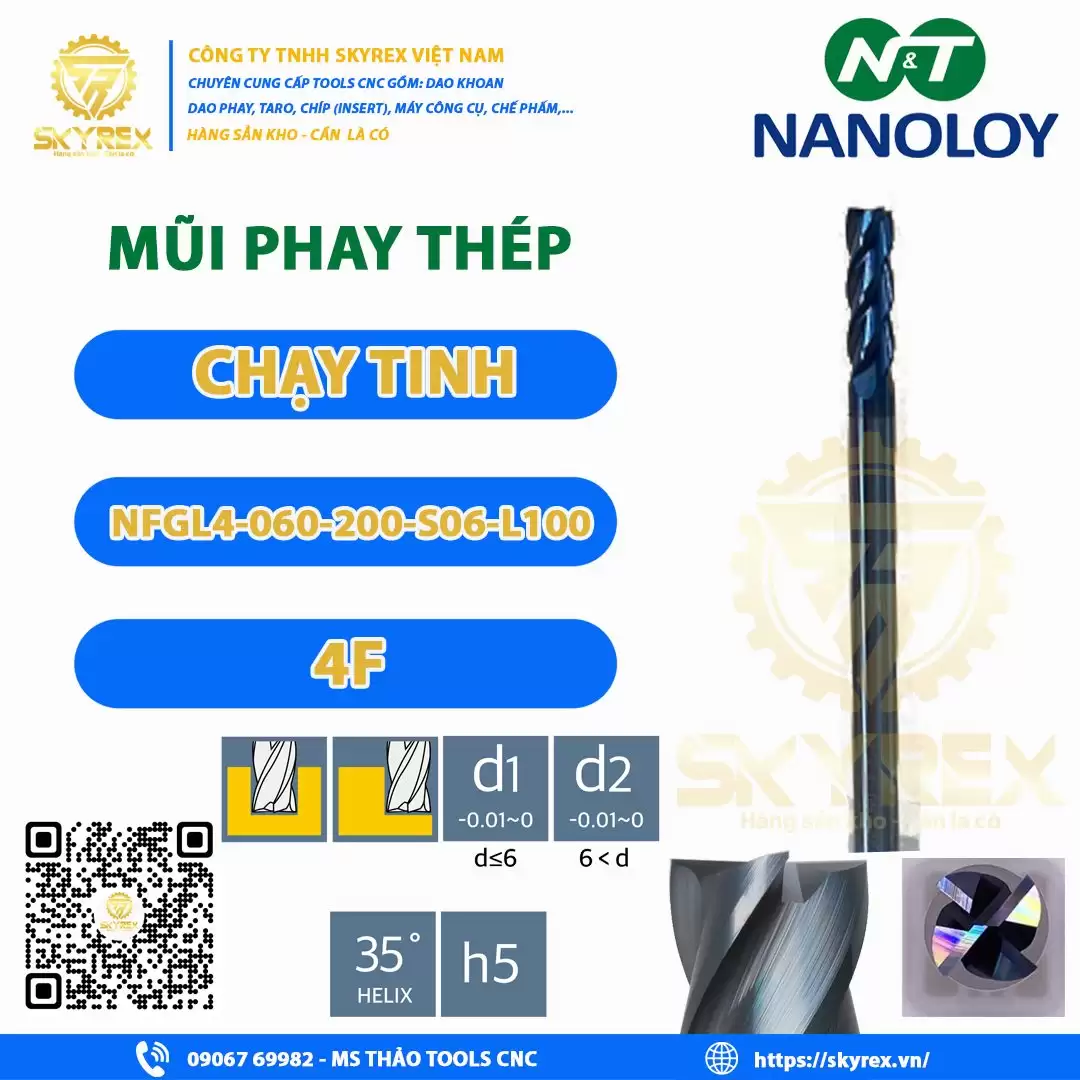 Phay thép D6 – NFGL4-060-200-S06-L100 – 4F NANOLOY | Dao carbide phủ