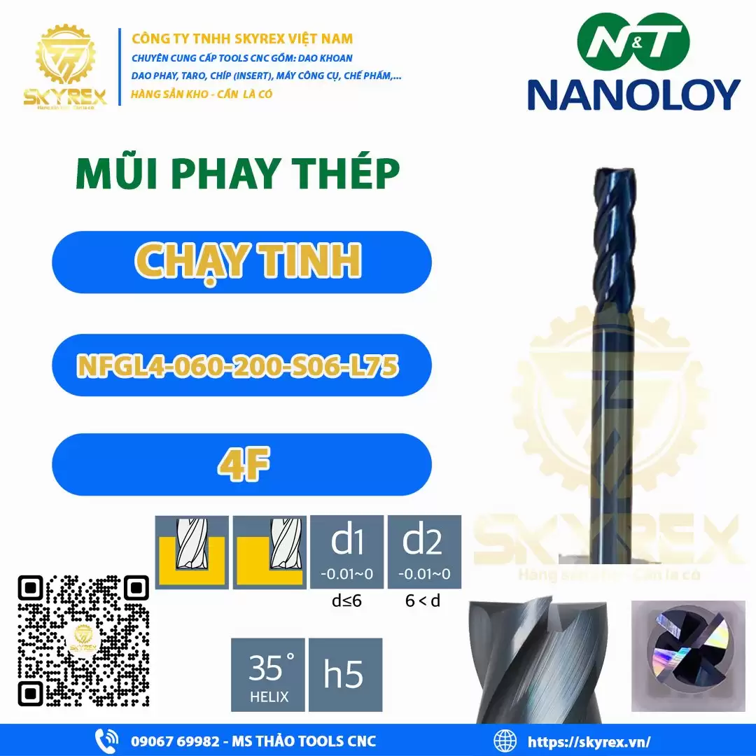 Phay thép D6 – NFGL4-060-200-S06-L75 – 4F NANOLOY | Dao carbide phủ