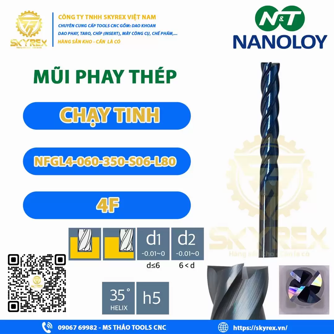 Phay thép D6 – NFGL4-060-350-S06-L80 – 4F NANOLOY | Dao carbide phủ
