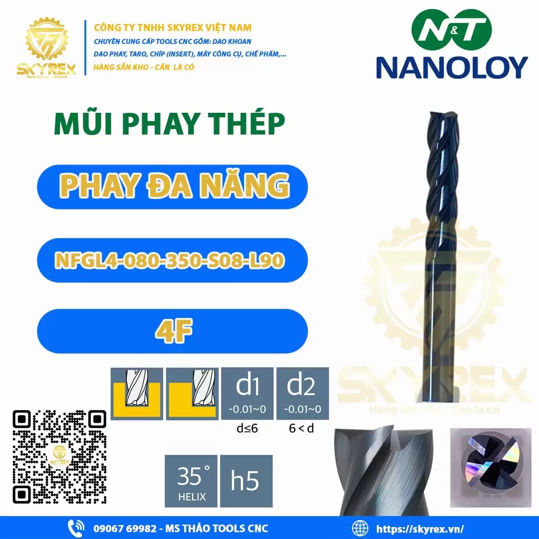 Phay thép D8 – NFGL4-080-350-S08-L90 – 4F NANOLOY | Dao carbide phủ (Sao chép)
