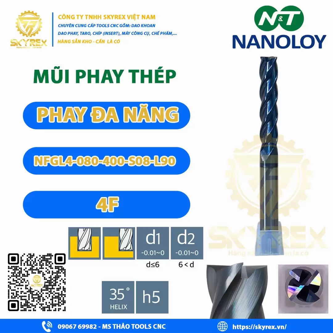 Phay thép D8 – NFGL4-080-400-S08-L90 – 4F NANOLOY | Dao carbide phủ